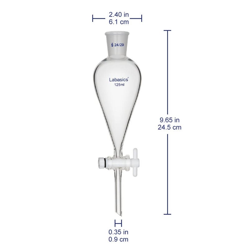 Labasics Conical Separatory Funnel, 125 ml Heavy Wall Borosilicate Glass Separating Funnel with 24/29 Joints and PTFE Stopcock - Image 2